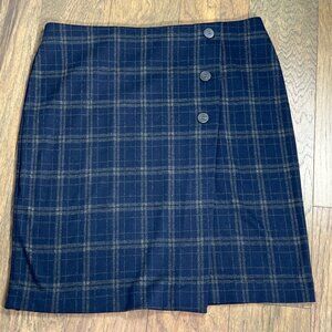 J. JILL Faux Wrap Pencil Skirt Navy/Gray Plaid Sz L PETITE EUC